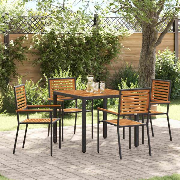 ARDEBO.de - 5-teiliges Garten-Essgruppen-Set Schwarz Poly Rattan Akazie, Stapelbare Gartenstühle mit Kissen 2 Stück Schwarz Poly Rattan