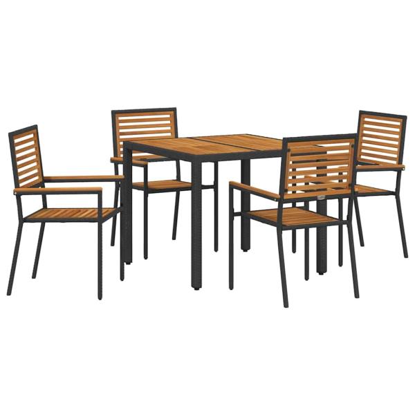 5-teiliges Garten-Essgruppen-Set Schwarz Poly Rattan Akazie, Stapelbare Gartenstühle mit Kissen 2 Stück Schwarz Poly Rattan