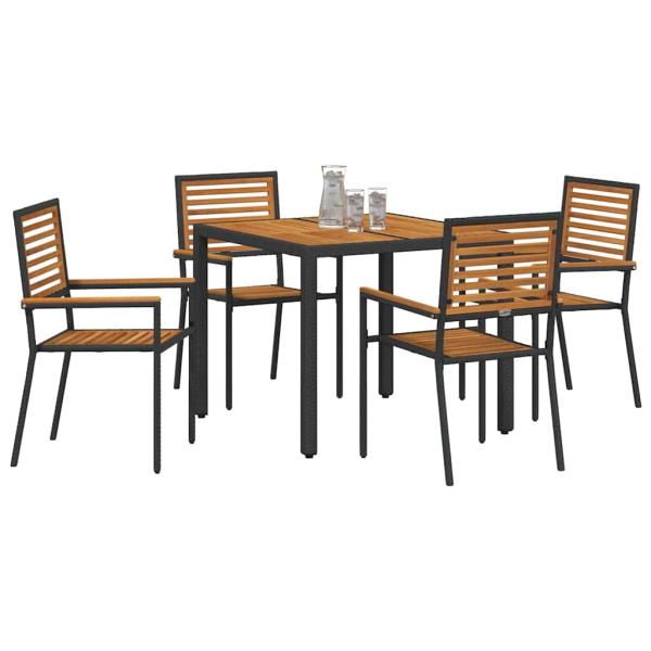 5-teiliges Garten-Essgruppen-Set Schwarz Poly Rattan Akazie, Stapelbare Gartenstühle mit Kissen 2 Stück Schwarz Poly Rattan