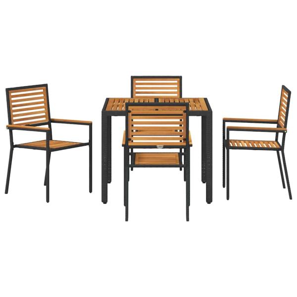 5-teiliges Garten-Essgruppen-Set Schwarz Poly Rattan Akazie, Stapelbare Gartenstühle mit Kissen 2 Stück Schwarz Poly Rattan