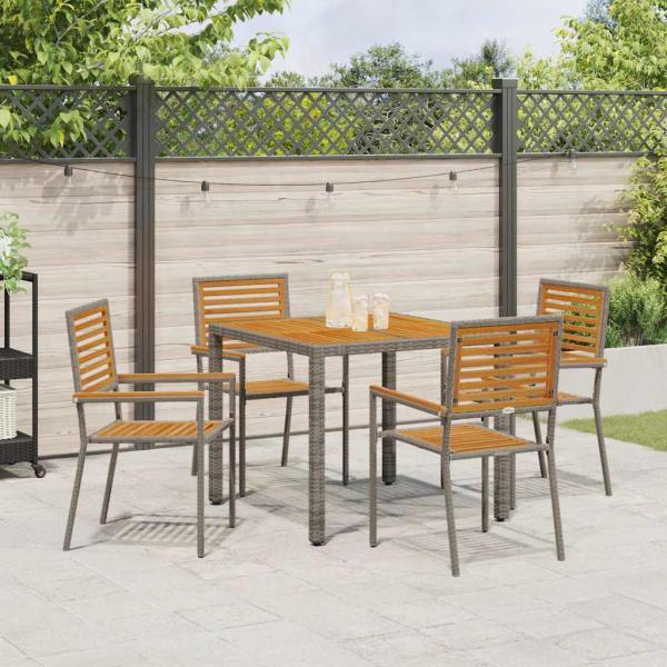 5-teiliges Garten Essset Graues Poly Rattan Akazie, Stapelbare Gartenstühle mit Kissen 2 Stück Graues Poly Rattan