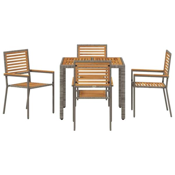 5-teiliges Garten Essset Graues Poly Rattan Akazie, Stapelbare Gartenstühle mit Kissen 2 Stück Graues Poly Rattan