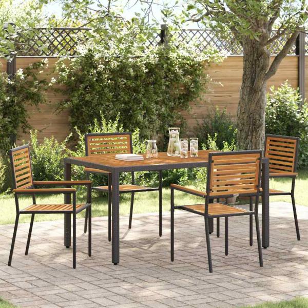 ARDEBO.de - 5-teiliges Garten Esstisch Set Schwarz Poly Rattan Akazie, Stapelbare Gartenstühle mit Kissen 2 Stück Schwarz Poly Rattan