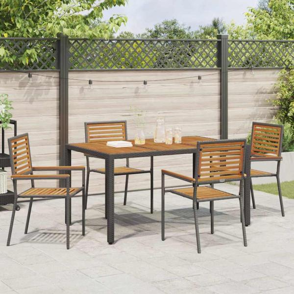 5-teiliges Garten Esstisch Set Schwarz Poly Rattan Akazie, Stapelbare Gartenstühle mit Kissen 2 Stück Schwarz Poly Rattan