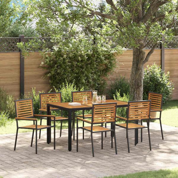 ARDEBO.de - 7-teilige Garten Essgruppe schwarz Poly Rattan Akazie, Stapelbare Gartenstühle mit Kissen 2 Stück schwarz Poly Rattan