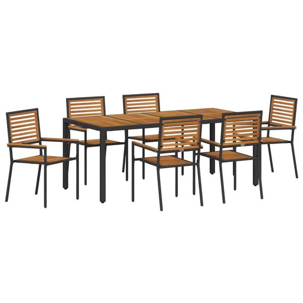 7 Teile Garten Essset Schwarz Poly Rattan Akazie, Stapelbare Gartenstühle mit Kissen 2 Stück Schwarz Poly Rattan