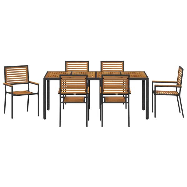 7 Teile Garten Essset Schwarz Poly Rattan Akazie, Stapelbare Gartenstühle mit Kissen 2 Stück Schwarz Poly Rattan