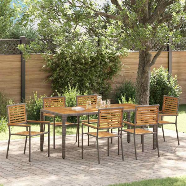 ARDEBO.de - 7-Teiliges Garten Essset Grau Poly Rattan Akazie, Stapelbare Gartenstühle mit Kissen 2 Stk Grau Poly Rattan