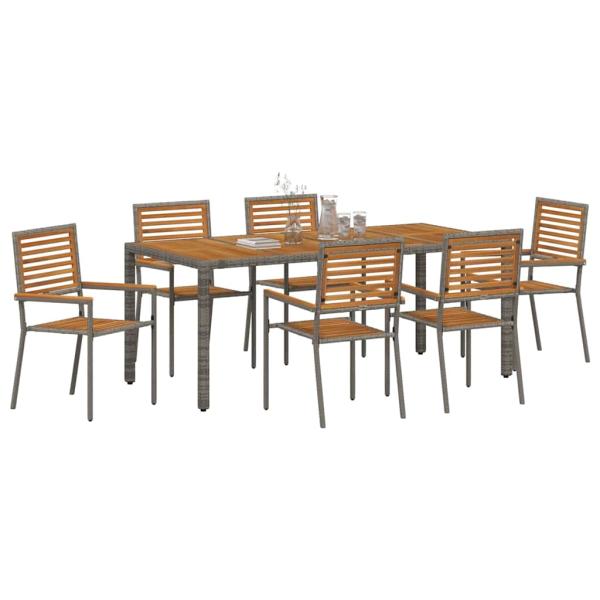 7-Teiliges Garten Essset Grau Poly Rattan Akazie, Stapelbare Gartenstühle mit Kissen 2 Stk Grau Poly Rattan