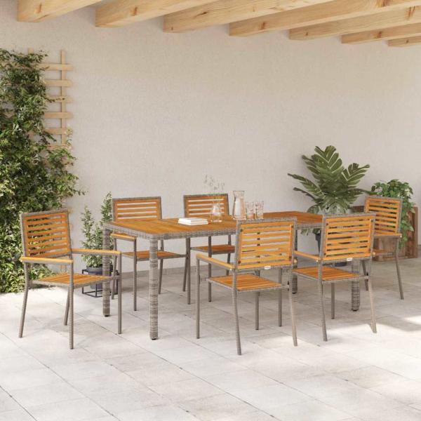 7-Teiliges Garten Essset Grau Poly Rattan Akazie, Stapelbare Gartenstühle mit Kissen 2 Stk Grau Poly Rattan