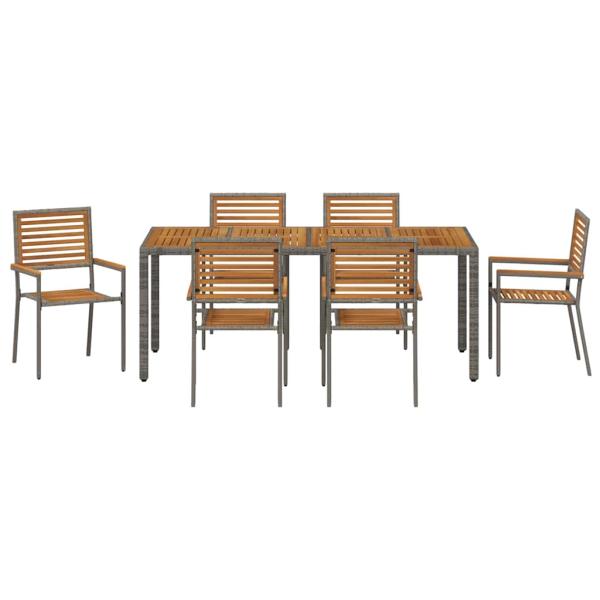 7-Teiliges Garten Essset Grau Poly Rattan Akazie, Stapelbare Gartenstühle mit Kissen 2 Stk Grau Poly Rattan