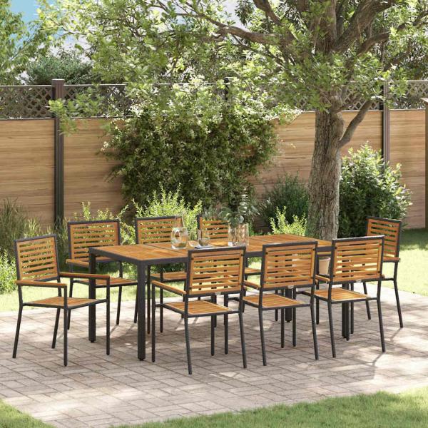 ARDEBO.de - 9-teiliges Garten Esszimmer Set Schwarzes Poly-Rattan Akazie, Stapelbare Gartenstühle mit Kissen 2 Stück Schwarz Poly-Rattan