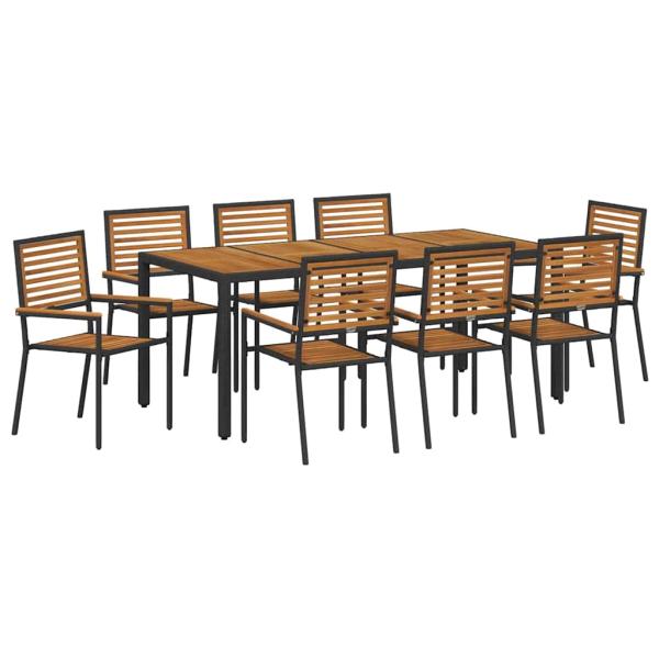 9-teiliges Garten Esszimmer Set Schwarzes Poly-Rattan Akazie, Stapelbare Gartenstühle mit Kissen 2 Stück Schwarz Poly-Rattan