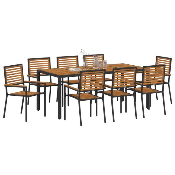 9-teiliges Garten Esszimmer Set Schwarzes Poly-Rattan Akazie, Stapelbare Gartenstühle mit Kissen 2 Stück Schwarz Poly-Rattan