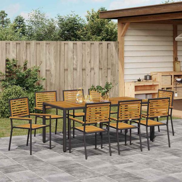 9-teiliges Garten Esszimmer Set Schwarzes Poly-Rattan Akazie, Stapelbare Gartenstühle mit Kissen 2 Stück Schwarz Poly-Rattan