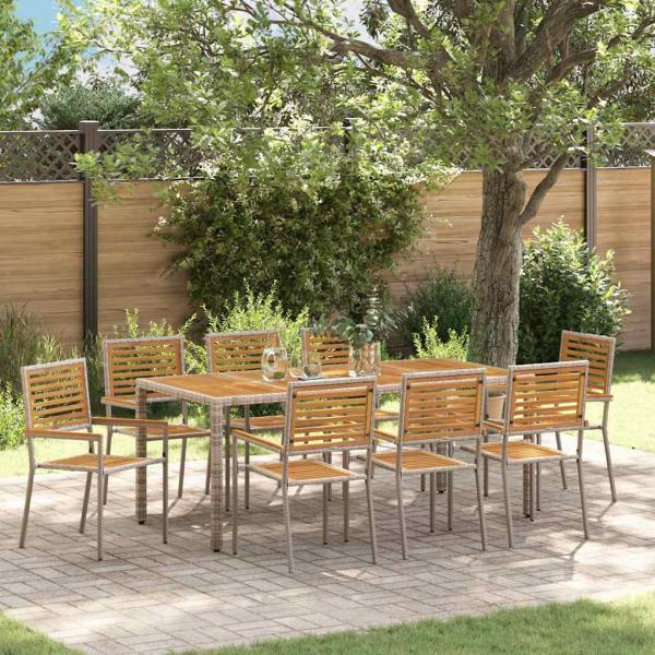 ARDEBO.de - 9 teiliges Garten Essgruppe Grau Poly Rattan Akazie, Stapelbare Gartenstühle mit Kissen 2 Stück Grau Poly Rattan