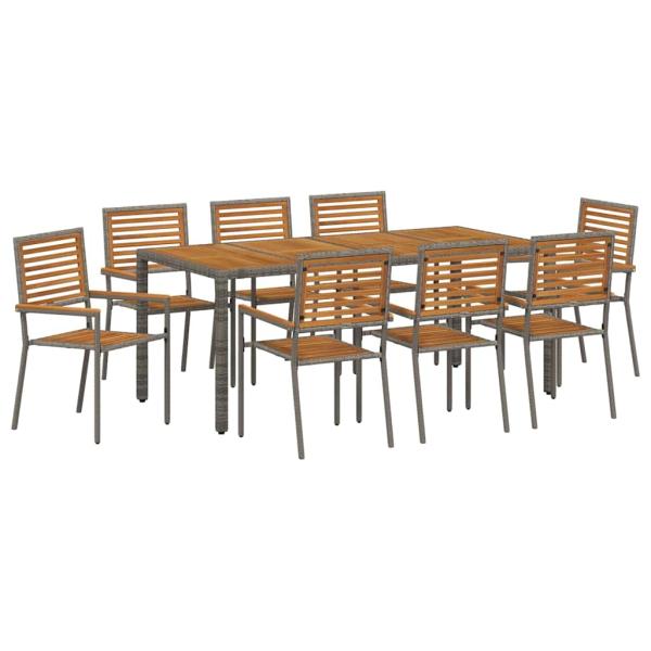 9 teiliges Garten Essgruppe Grau Poly Rattan Akazie, Stapelbare Gartenstühle mit Kissen 2 Stück Grau Poly Rattan