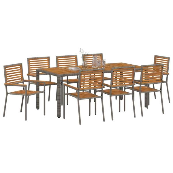 9 teiliges Garten Essgruppe Grau Poly Rattan Akazie, Stapelbare Gartenstühle mit Kissen 2 Stück Grau Poly Rattan