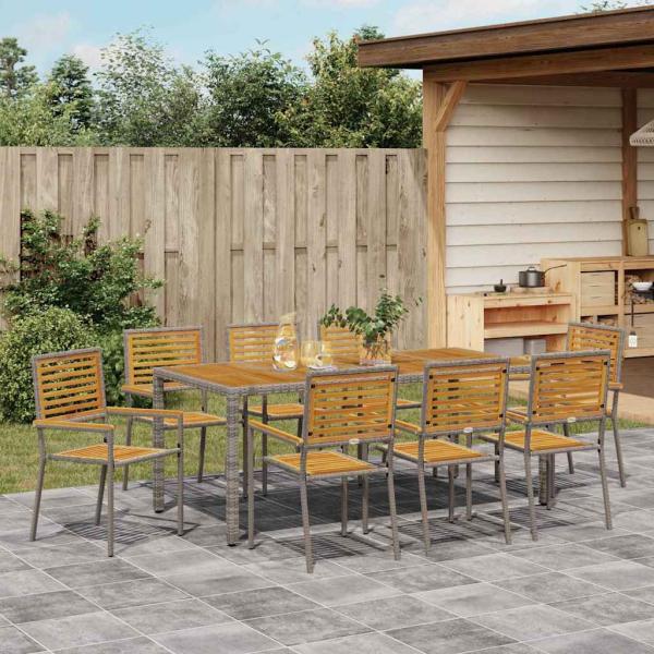 9 teiliges Garten Essgruppe Grau Poly Rattan Akazie, Stapelbare Gartenstühle mit Kissen 2 Stück Grau Poly Rattan