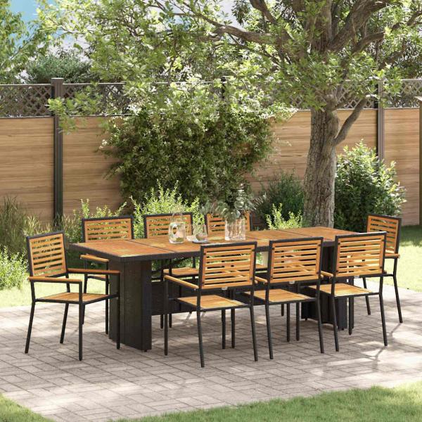 ARDEBO.de - 9-teiliges Garten Esstisch Set Schwarz Poly Rattan Akazie, Stapelbare Gartenstühle mit Kissen 2 Stück Schwarz Poly Rattan