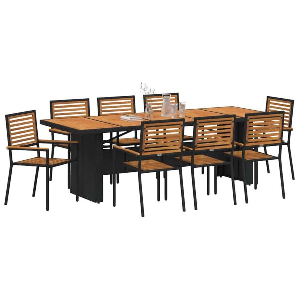 9-teiliges Garten Esstisch Set Schwarz Poly Rattan Akazie, Stapelbare Gartenstühle mit Kissen 2 Stück Schwarz Poly Rattan