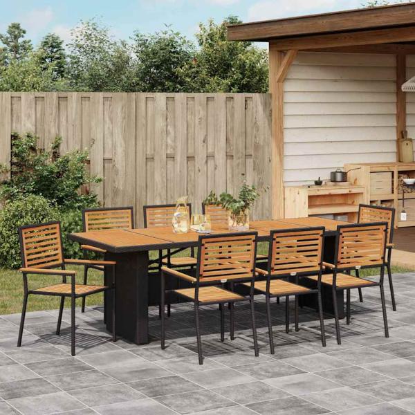 9-teiliges Garten Esstisch Set Schwarz Poly Rattan Akazie, Stapelbare Gartenstühle mit Kissen 2 Stück Schwarz Poly Rattan