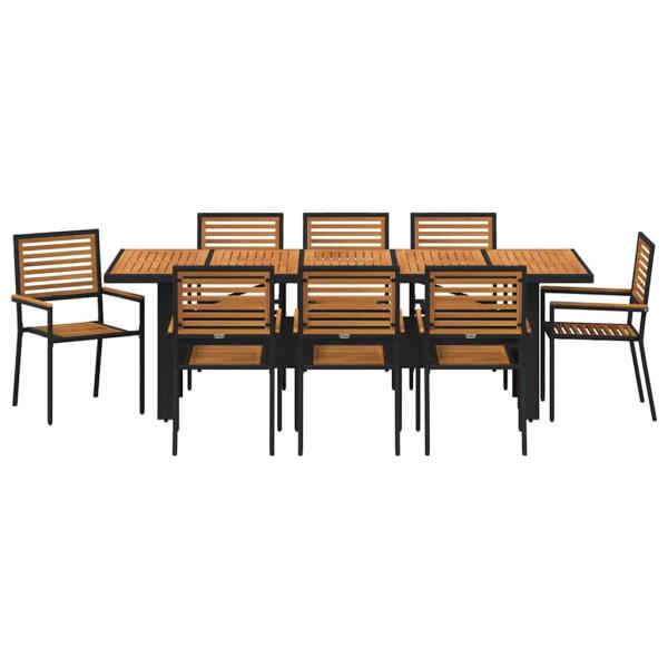 9-teiliges Garten Esstisch Set Schwarz Poly Rattan Akazie, Stapelbare Gartenstühle mit Kissen 2 Stück Schwarz Poly Rattan