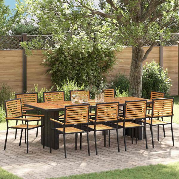 ARDEBO.de - 11-teilige Garten Essgruppe Schwarz Poly-Rattan Akazie, Stapelbare Gartenstühle mit Kissen 2 Stück Schwarz Poly-Rattan