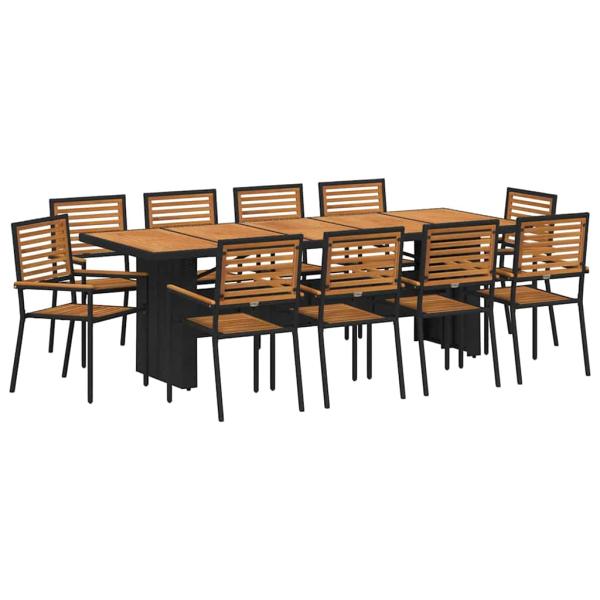 11-teilige Garten Essgruppe Schwarz Poly-Rattan Akazie, Stapelbare Gartenstühle mit Kissen 2 Stück Schwarz Poly-Rattan