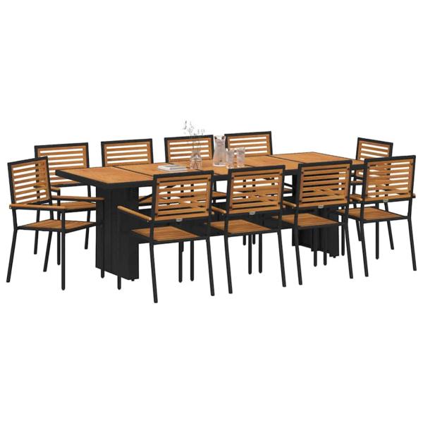 11-teilige Garten Essgruppe Schwarz Poly-Rattan Akazie, Stapelbare Gartenstühle mit Kissen 2 Stück Schwarz Poly-Rattan