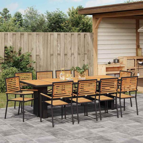 11-teilige Garten Essgruppe Schwarz Poly-Rattan Akazie, Stapelbare Gartenstühle mit Kissen 2 Stück Schwarz Poly-Rattan