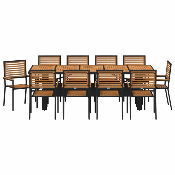 11-teilige Garten Essgruppe Schwarz Poly-Rattan Akazie, Stapelbare Gartenstühle mit Kissen 2 Stück Schwarz Poly-Rattan