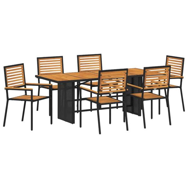 7-teiliges Garten Esszimmer Set Schwarz Poly Rattan Akazie, Stapelbare Gartensessel mit Kissen 2 Stück Schwarz Poly Rattan