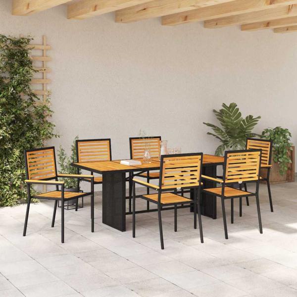 7-teiliges Garten Esszimmer Set Schwarz Poly Rattan Akazie, Stapelbare Gartensessel mit Kissen 2 Stück Schwarz Poly Rattan