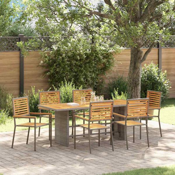 ARDEBO.de - 7-teiliges Garten Essset Grau Poly Rattan Akazie, Stapelbare Gartenstühle mit Kissen 2 Stk Grau Poly Rattan