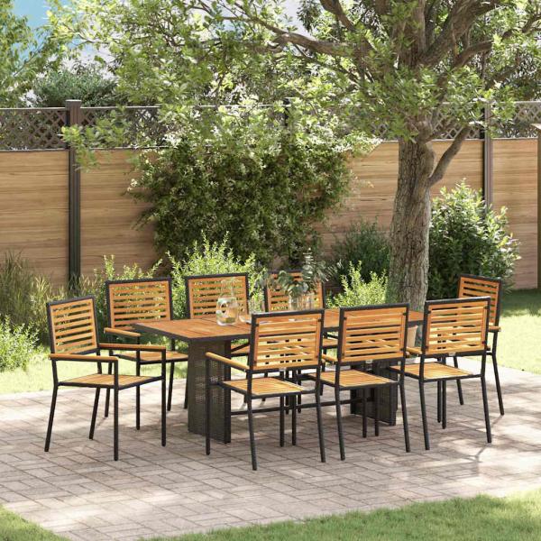 ARDEBO.de - 9-teiliges Garten Essset Schwarz Poly Rattan Akazie, Stapelbare Gartenstühle mit Polstern 2 Stück Schwarz Poly Rattan