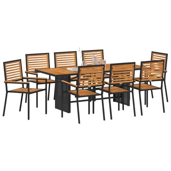9-teiliges Garten Essset Schwarz Poly Rattan Akazie, Stapelbare Gartenstühle mit Polstern 2 Stück Schwarz Poly Rattan