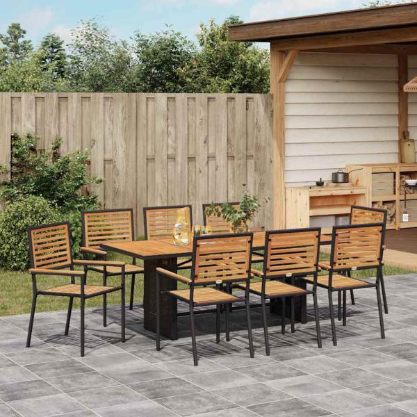 9-teiliges Garten Essset Schwarz Poly Rattan Akazie, Stapelbare Gartenstühle mit Polstern 2 Stück Schwarz Poly Rattan