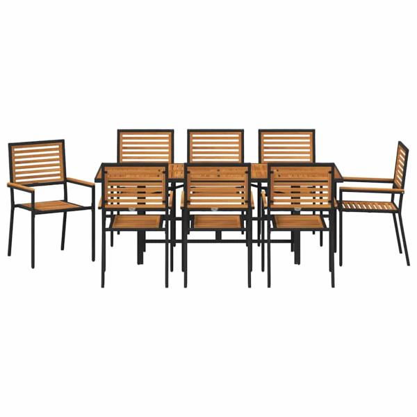 9-teiliges Garten Essset Schwarz Poly Rattan Akazie, Stapelbare Gartenstühle mit Polstern 2 Stück Schwarz Poly Rattan