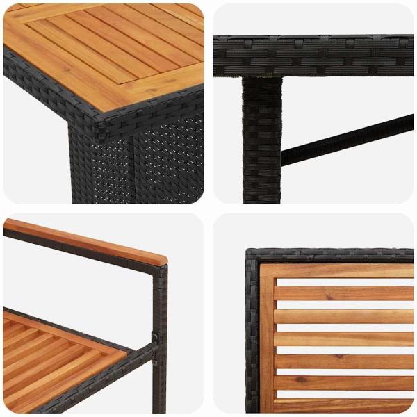 9-teiliges Garten Essset Schwarz Poly Rattan Akazie, Stapelbare Gartenstühle mit Polstern 2 Stück Schwarz Poly Rattan