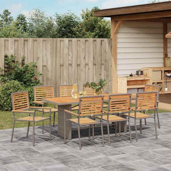 9-teilige Garten Essgruppe Graues Poly-Rattan Akazie, Stapelbare Gartenstühle mit Kissen 2 Stück Grau Poly-Rattan