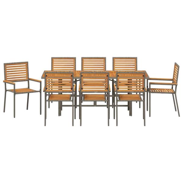 9-teilige Garten Essgruppe Graues Poly-Rattan Akazie, Stapelbare Gartenstühle mit Kissen 2 Stück Grau Poly-Rattan