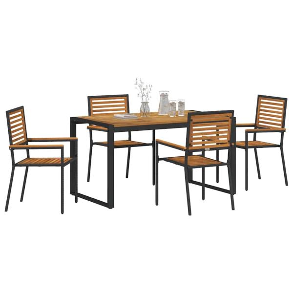 5-teiliges Garten Essset Schwarz Poly Rattan Akazie, Stapelbare Gartenstühle mit Kissen 2 Stück Schwarz Poly Rattan