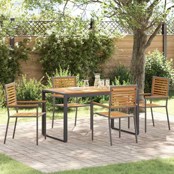 ARDEBO.de - 5-teiliges Garten Esstischset Grau Poly Rattan Akazie, Stapelbare Gartenstühle mit Kissen 2 Stk Grau Poly Rattan