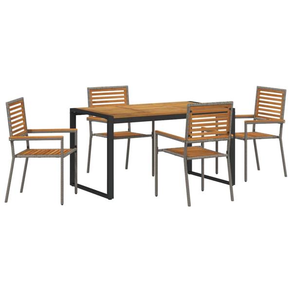 5-teiliges Garten Esstischset Grau Poly Rattan Akazie, Stapelbare Gartenstühle mit Kissen 2 Stk Grau Poly Rattan