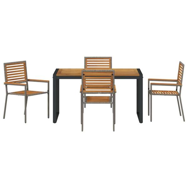 5-teiliges Garten Esstischset Grau Poly Rattan Akazie, Stapelbare Gartenstühle mit Kissen 2 Stk Grau Poly Rattan