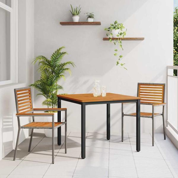 ARDEBO.de - 3-teilige Garten Essgruppe Grau Poly-Rattan Akazie, Stapelbare Gartenstühle mit Kissen 2 Stück Grau Poly-Rattan, Gartentisch 90x90x75 cm Aus solidem Akazienholz und Metall
