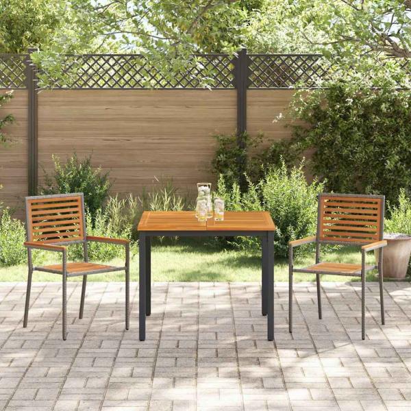 3-teilige Garten Essgruppe Grau Poly-Rattan Akazie, Stapelbare Gartenstühle mit Kissen 2 Stück Grau Poly-Rattan, Gartentisch 90x90x75 cm Aus solidem Akazienholz und Metall