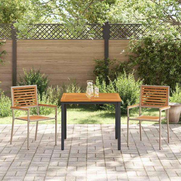 ARDEBO.de - 3-teilige Garten Essgruppe Beige Poly Rattan Akazie, Stapelbare Gartenstühle mit Kissen - 2er Set in Beige Poly Rattan, Gartentisch 90x90x75 cm aus massivem Akazienholz und Metall