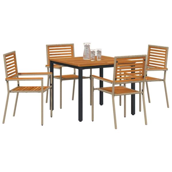5-teiliges Garten Essset Beige Poly Rattan Akazie, Stapelbare Gartenstühle mit Kissen - Set aus 2 in Beige Poly Rattan, Gartentisch 90x90x75 cm aus solidem Akazienholz und Metall